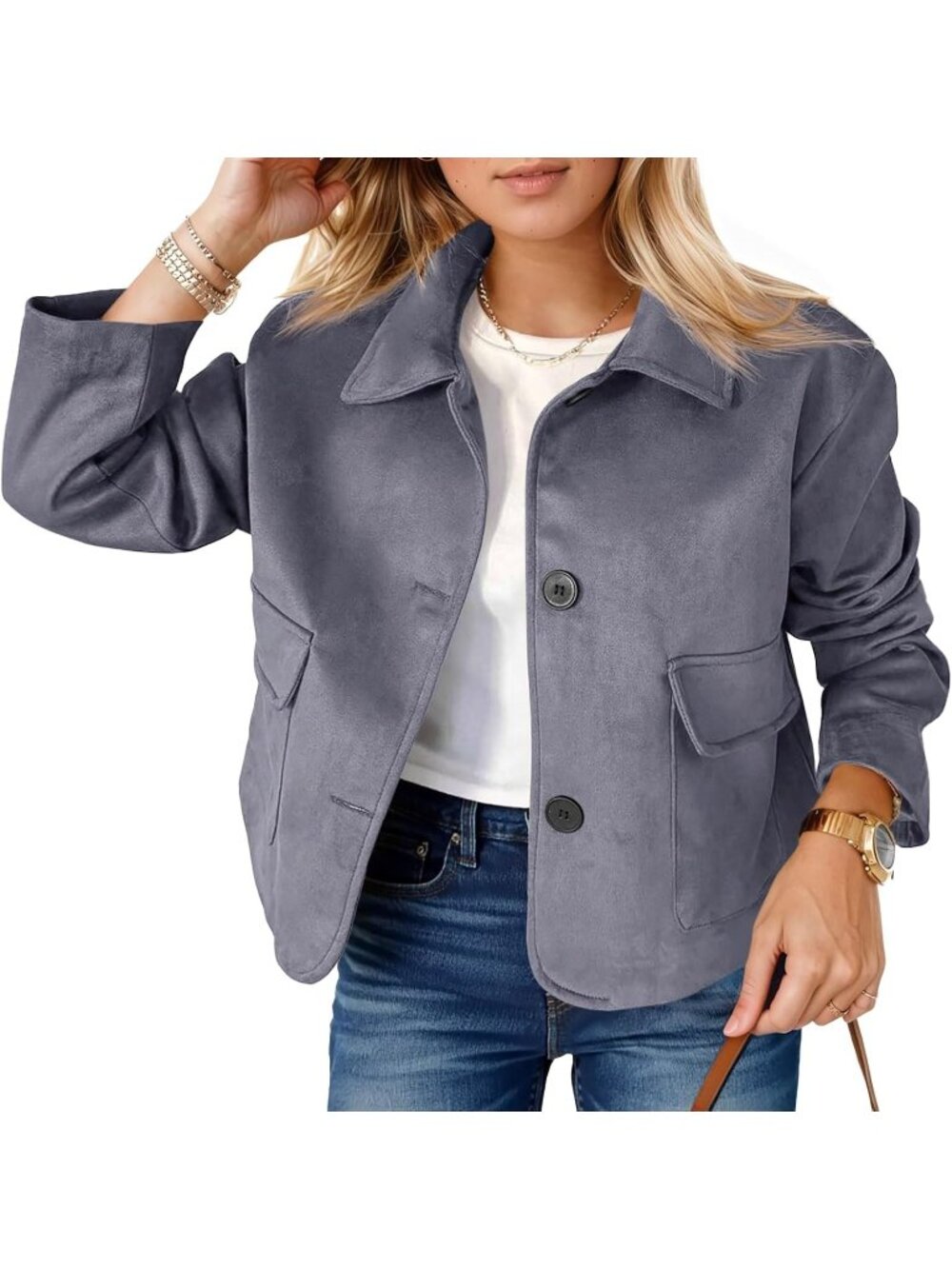 Women's Dark Grey Faux Suede Button Down Vintage Casual Shacket Cropped Jacket